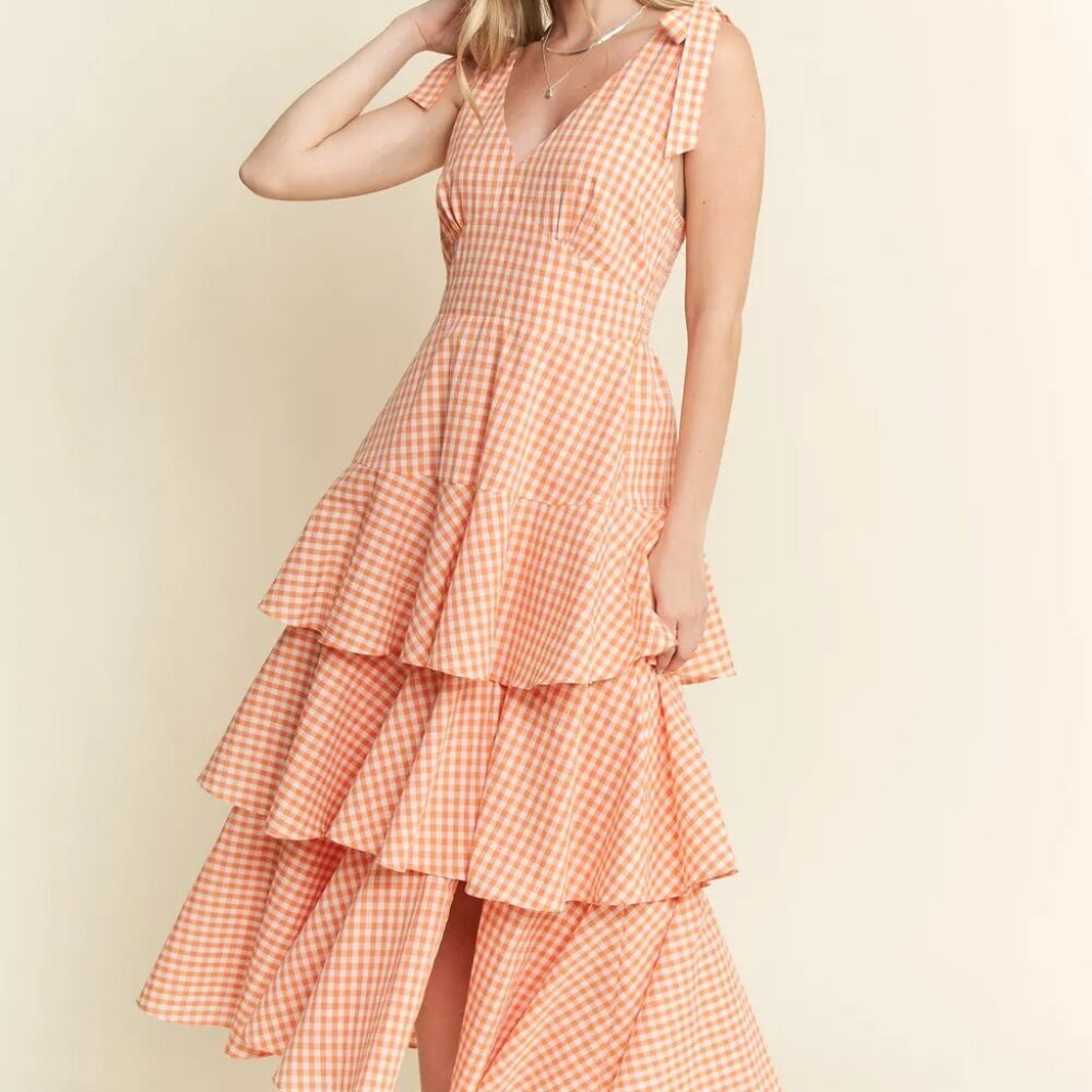 Jade By Jane‎ Sleeveless Gingham Print Tiered Midi Dress
